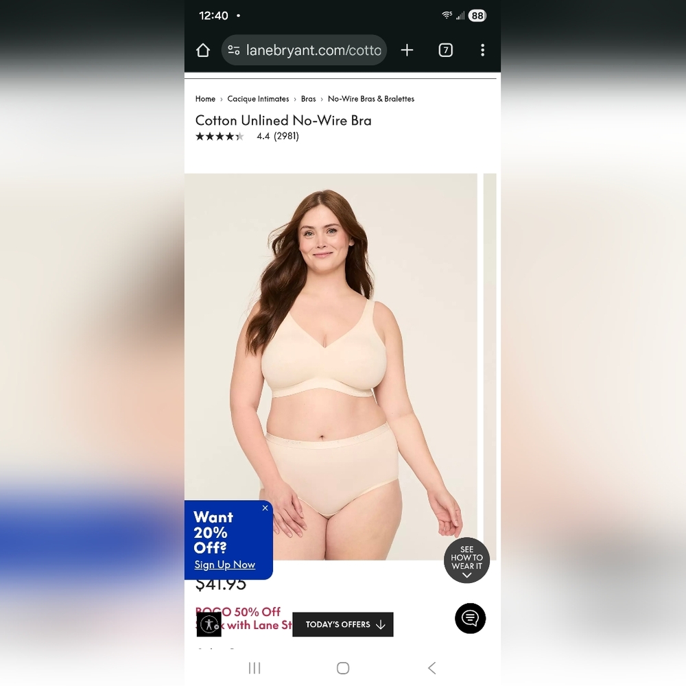 2x Lane Bryant Women's Cotton Unlined No-Wire Bra - Beige-, Cacique